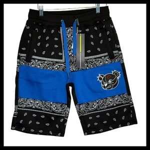 NWT Screenshot Brand Mens Black Blue Bandana Paisley Bear Graphic Shorts S NEW
